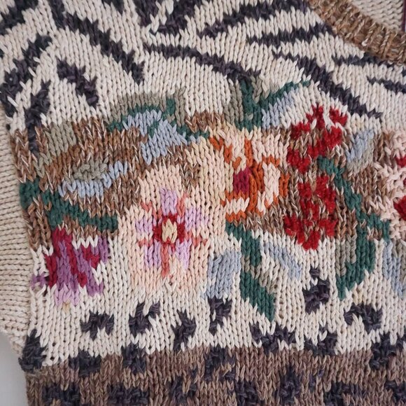 Vintage Tiara Cream Brown Knit Floral Knit Cotton Blend Crewneck Sweater XL - Picture 11 of 13